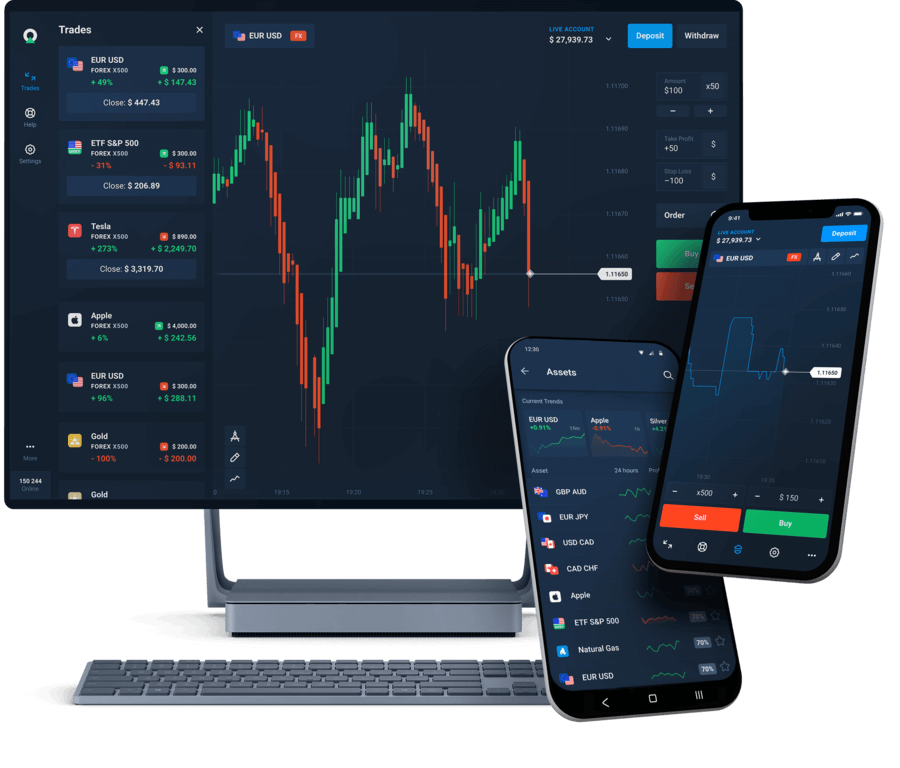 CUE-ACTION trading platform preview on desktop and mobile